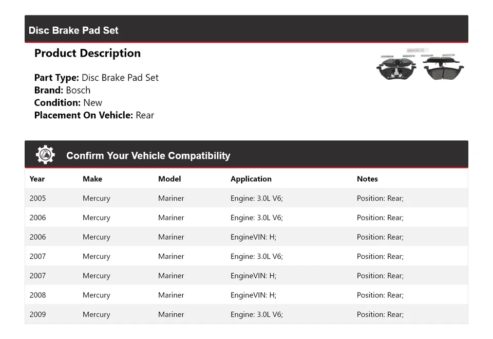 For 2005-2009 Mercury Mariner Bosch QuietCast Ceramic Brake Pads Rear 2006 2007 - Imagem 2 de 4