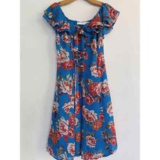 ASTR The Label Cassidy Floral Dress S Blue Red Ruffle Off Shoulder Fit Flare