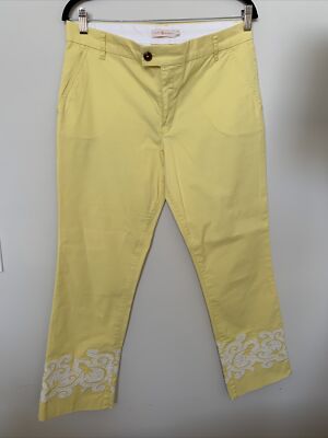 Tory Burch 29 Adrienne Chino Pants Embroidery Cuffs Yellow Stretch