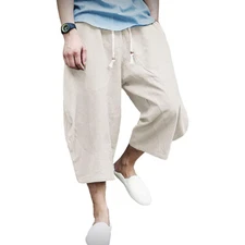 Men's Casual Linen Capri Long Shorts Loose Fit Below Knee Baggy Yoga Sport Pants