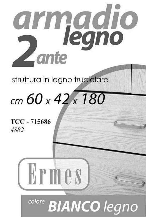 ARMADIO MODERNO 2 ANTE 2 CASSETTI APPENDIABITI LEGNO ROVERE BIANCO H180*60*42 CM - Immagine 2 di 4