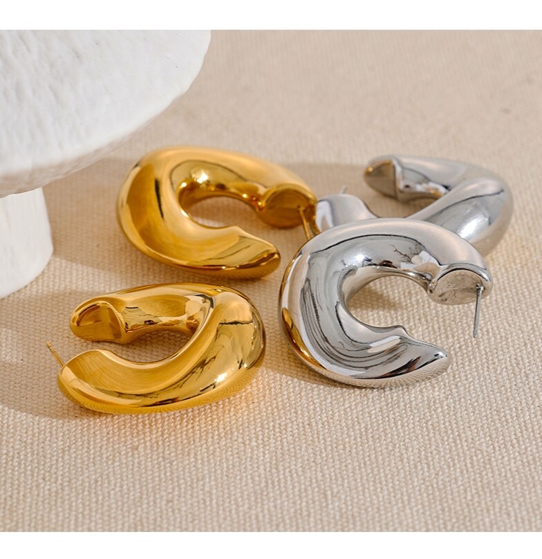 Hoop Earrings Big Round Large Thick Silver Gold Plated Stainless Steel for Women-image