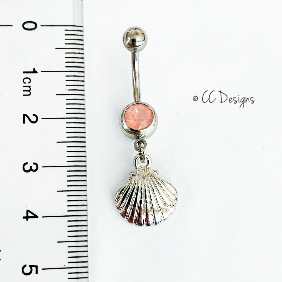 14g pink sparkle opal cz dangle silver seashell clam shell belly ring (B344) - Image 3 of 3