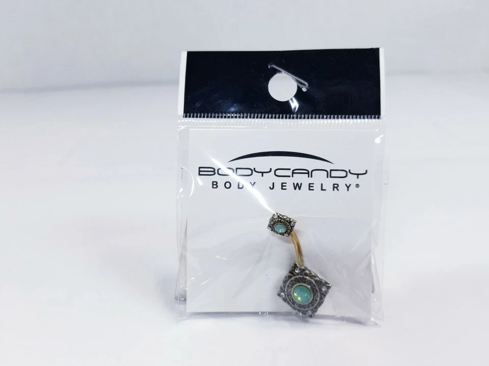 Anillo para el vientre BODY CANDY verde imitación ópalo gema transparente tono dorado rombo doble montaje Foto 3 de 3