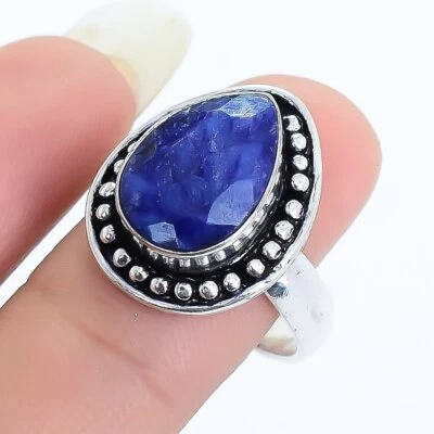 Facettiert Blauer Saphir Edelstein Handmade Silber Schmuck Ringgröße - Bild 1 von 4