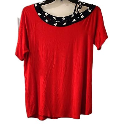 HEIMISH USA Patriotic Red, White and Blue Short Sleeve Top Star Trim 4th of July