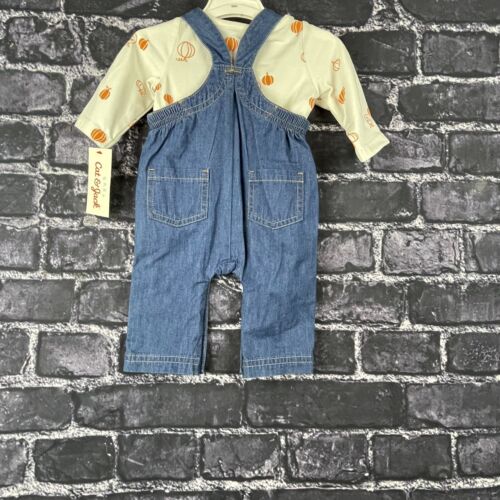 Cat & Jack Newborn Halloween Denim Overalls Set Top Pumpkins - Picture 8 of 12