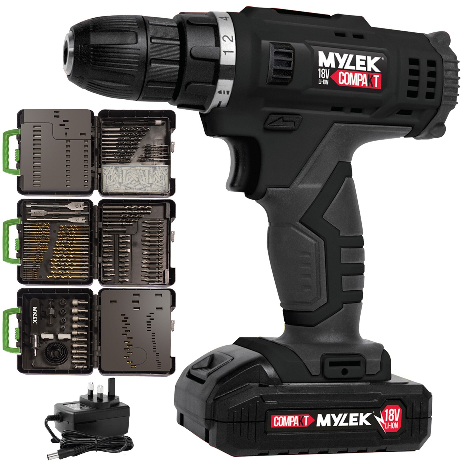 Mylek Cordless Drill 18V Electric Screwdriver DIY  Combi Driver & 204 Piece Set