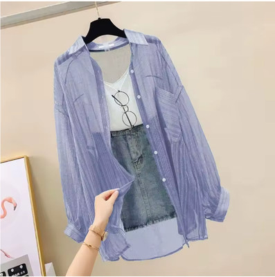Women's Sheer Chiffon Button Down Shirt Lightweight Summer Cover Up Loose Blouse