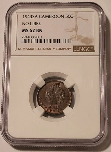 Cameroon 1943 SA 5 Centimes No Libre MS62 BN NGC
