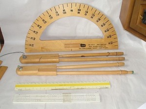Lot Vtg Wooden Ideal 33-2 Protractor, 2 Chalkboard Compasses, Scale, Slide Rule