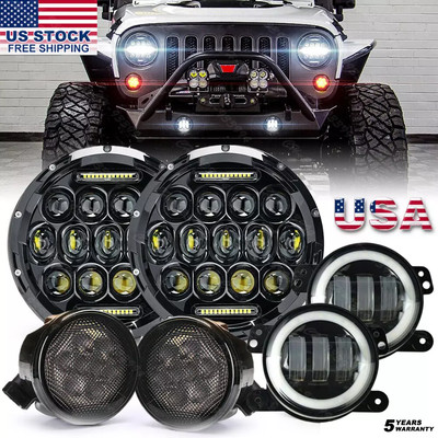 Combo 7'' LED Headlights Turn Fog Lights Halo Kit For Jeep Wrangler JK 2007-2018