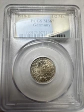 1918D Germany 1/2 Mark Silver Coin PCGS MS67 Nice coin