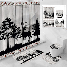 4 Pcs Rustic Forest Deer Shower Curtain Set with Non-Slip Rugs, Toilet Lid Cover