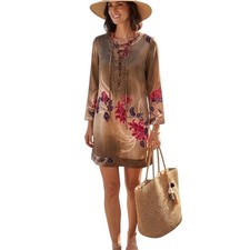 Sunner Women Silk Floral Lace Up Tunic Dress Swimsuit Coverup Size L Made in USA