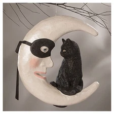 16" Bethany Lowe Black Hallows Cat On Moon Halloween Figurine Retro Vntg Decor