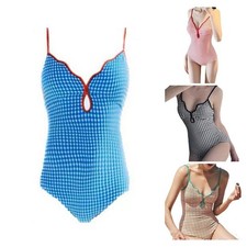 Maillot de bain de plage femme motif à carreaux coupe moulante taille haute ten