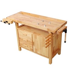 50" Professional Rubberwood Solid Wood Workbench-3 Drawers, 1 Cabinet Door