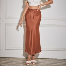 High Quality Satin Long Skirt High Waisted Drawstring Tied Solid Color Skirt XL