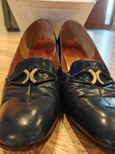 Navy Blue Vtg Montaldos Leather Stack Heeled Loafer With Gold Rope Detail Wmns 8