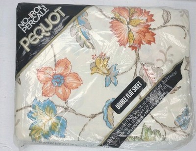 NOS Pequot No-Iron Percale Double Flat Sheet ''Southbridge'' Floral