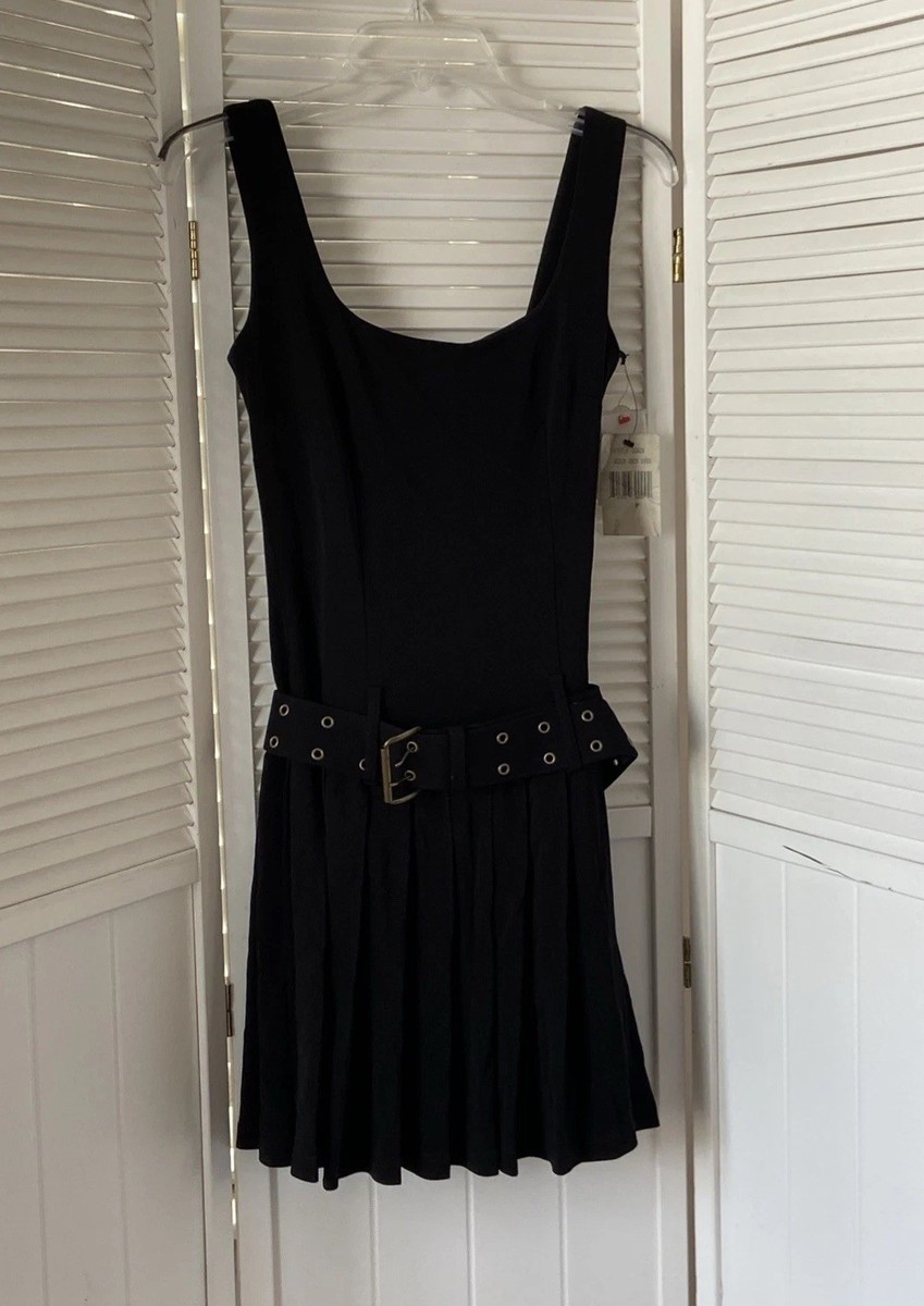 Allen Schwartz Womens P Mini Dress NWT Black Belt Pleats Skater Goth Grunge  Y2K | eBay
