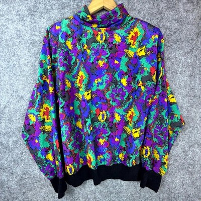 Vintage Notations Blouse Top Womens Large Bold Colorful Splatter Abstract Artsy