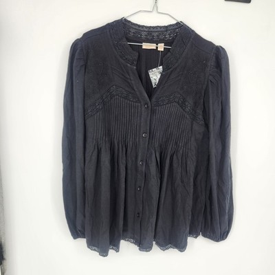 LOGO Lavish XS Black Button Front Lace Trim Blouse NWOT