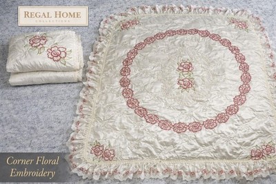 Regal Home Collection King Bedspread + 2 Shams Floral Corner Embroidery Ivory