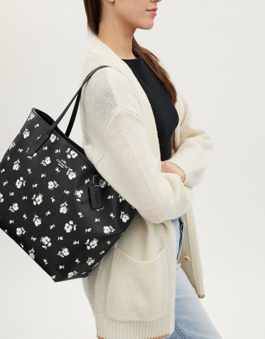NWT Coach City Tote Bag In Canvas Leather With Floral Print Black