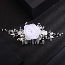White Rose Flower Wedding Hair Comb Ab Color Rhinestone Pearls Wedding Hair S...