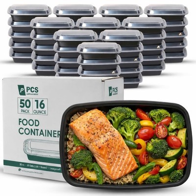 50 Pack (100 Piece) 16 oz Meal Prep Containers Reusable BPA Free Leakproof St...