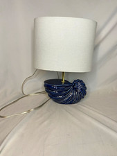 Blue Ceramic Table Lamp, White Drum Fabric Shade, Corded Plug-In, Glossy