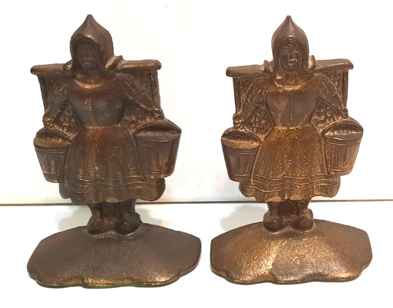 Vintage solid Brass Dutch Girl With Buckets Milkmaid Bookends