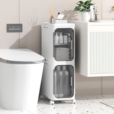 ENJINKAIL Slim Bathroom Cabinet freestanding plastic storage unit with Door waterproof