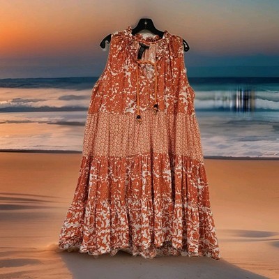 Chelsea & Theodore Plus Size 1X Tiered Midi Sun Dress Coral/White Boho Peasant