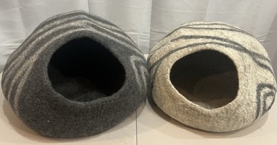 Pair Merino Wool Felt Cat Cave Pet Bed-Lg Gray, Med Beige Barely Used Smoke-free