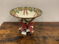 Mackenzie-Childs Check Evergreen Christmas Holiday Pedestal Centerpiece Bowl EUC