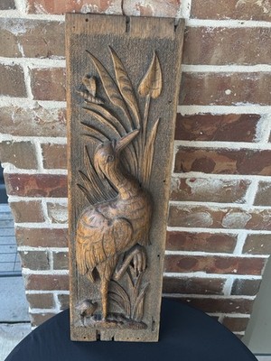 ANTIQUE CARVED WOODEN PLAQUE w/ STORK DRAGONFLY & REEDS (Leander Plummer)