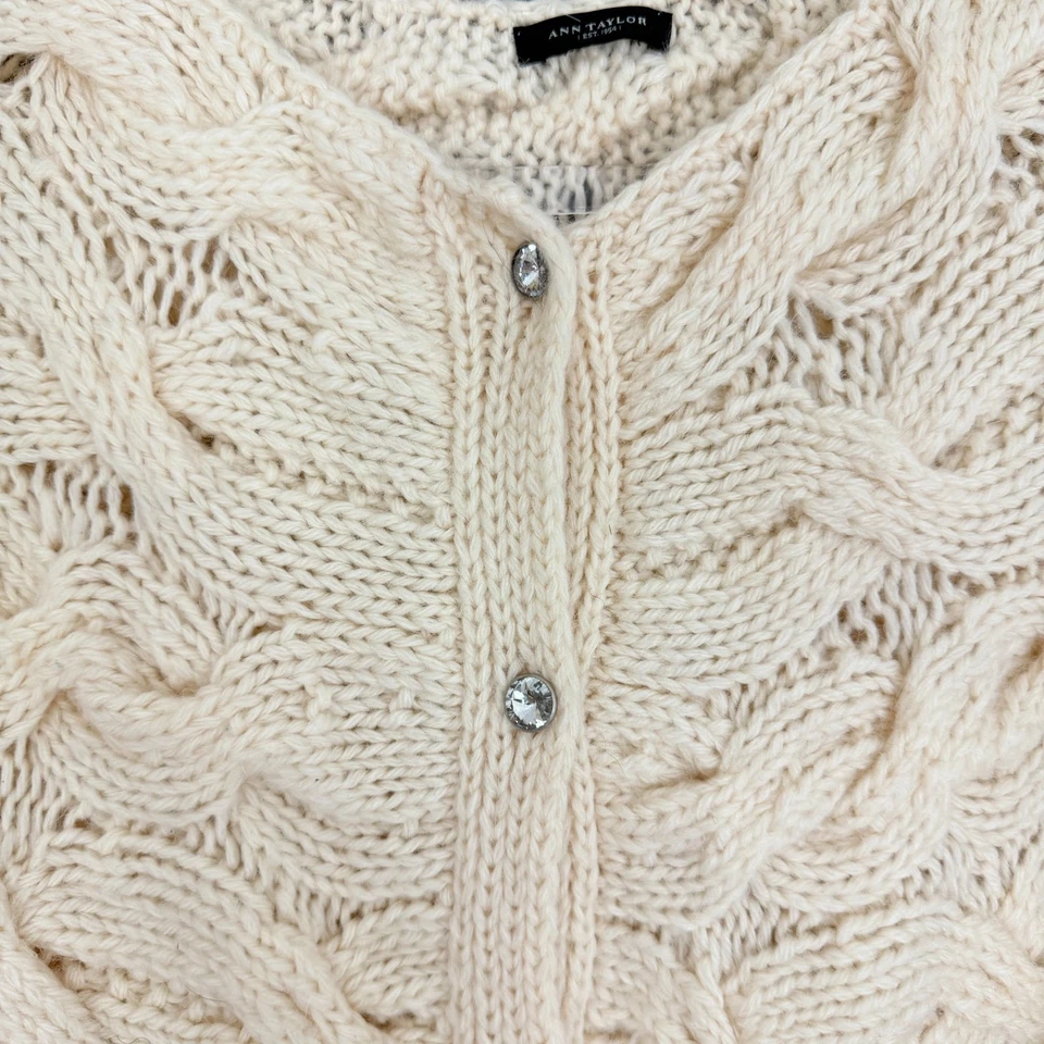 Cárdigan Suéter ANN TAYLOR Lana Alpaca L Marfil Crema Estrás Botones Usado en Excelente Condición B83 Foto 3 de 4