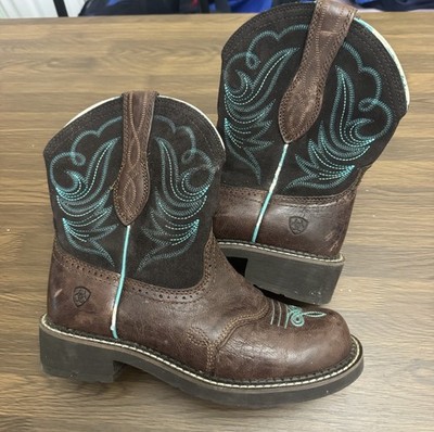 Ariat FatBaby Boot Women's Size 9B Short Brown Leather Teal Blue Emboidery