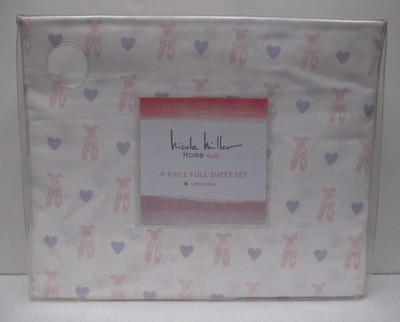 Nicole Miller Kids White Pink Lavender Purple Ballet Shoes Heart Sheet Set- Full