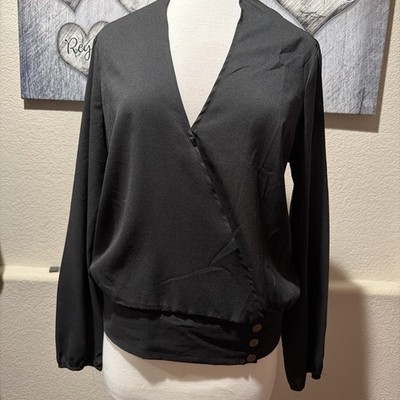 GUESS Black Wrap Front Long Sleeve Top
