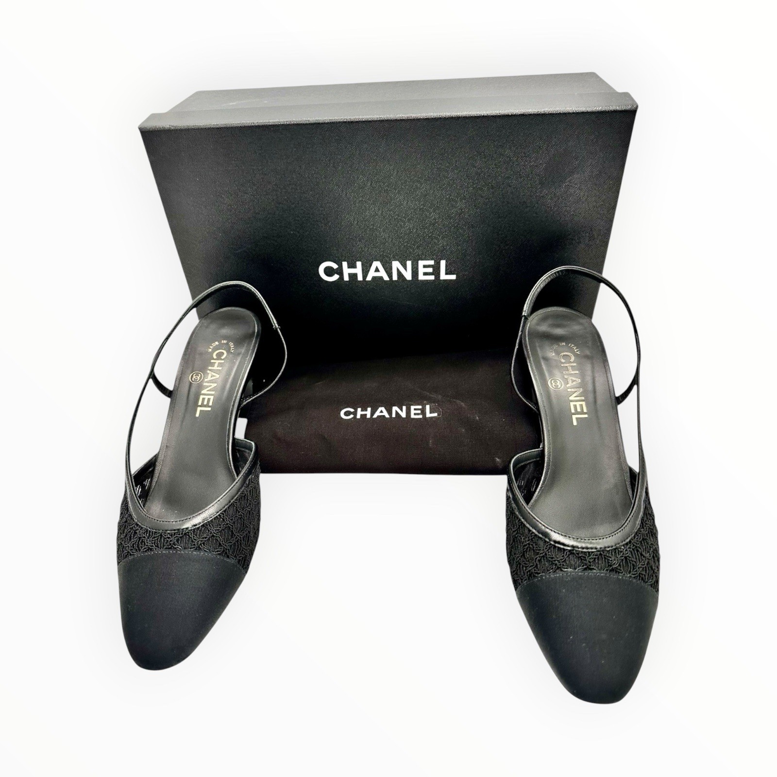 Chanel slingback pumps leather silk cotton size 40.5 black full set heel