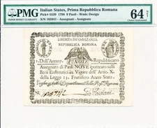 Prima Repubblica Romana Italian States 9 Paoli 1798  PMG  64NET