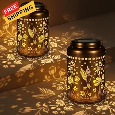 2 Pack Solar Lanterns Outdoor Waterproof, Hummingbird Garden Decor Gifts Gold 