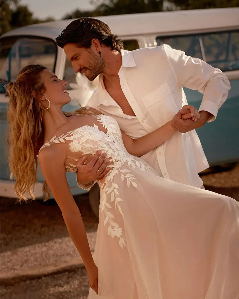 Vestidos de novia boho línea A cuello en V sin mangas encaje flores playa vestidos de novia Foto 3 de 4