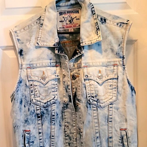 True Religion Section Trucker Denim Vest Men’s XL Blue Acid Wash Button Pockets - product listing photo