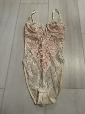 Vintage Nylon Teddy Lingerie Sz S - Ivory / Peach - Lace Sheer