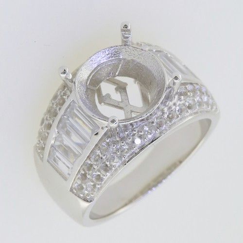 Sterling Silver Semi Mount Ring Setting Round RD 12x12mm Baguette 3 Row